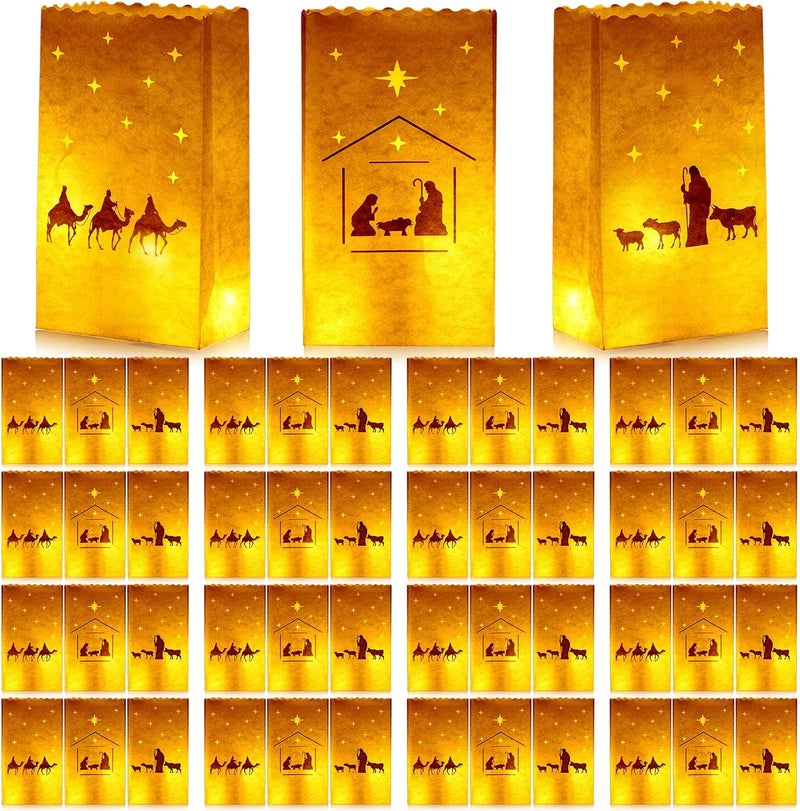 ForraFun 48 Pcs Christmas Nativity Luminary Bags Bulk Religious Christian Paper White Candle Lantern Bag 10 x 6 x 3.5Inch Fire Retardant Paper Jesus Luminaria Lantern for Christmas Winter Party Decor - Image 1